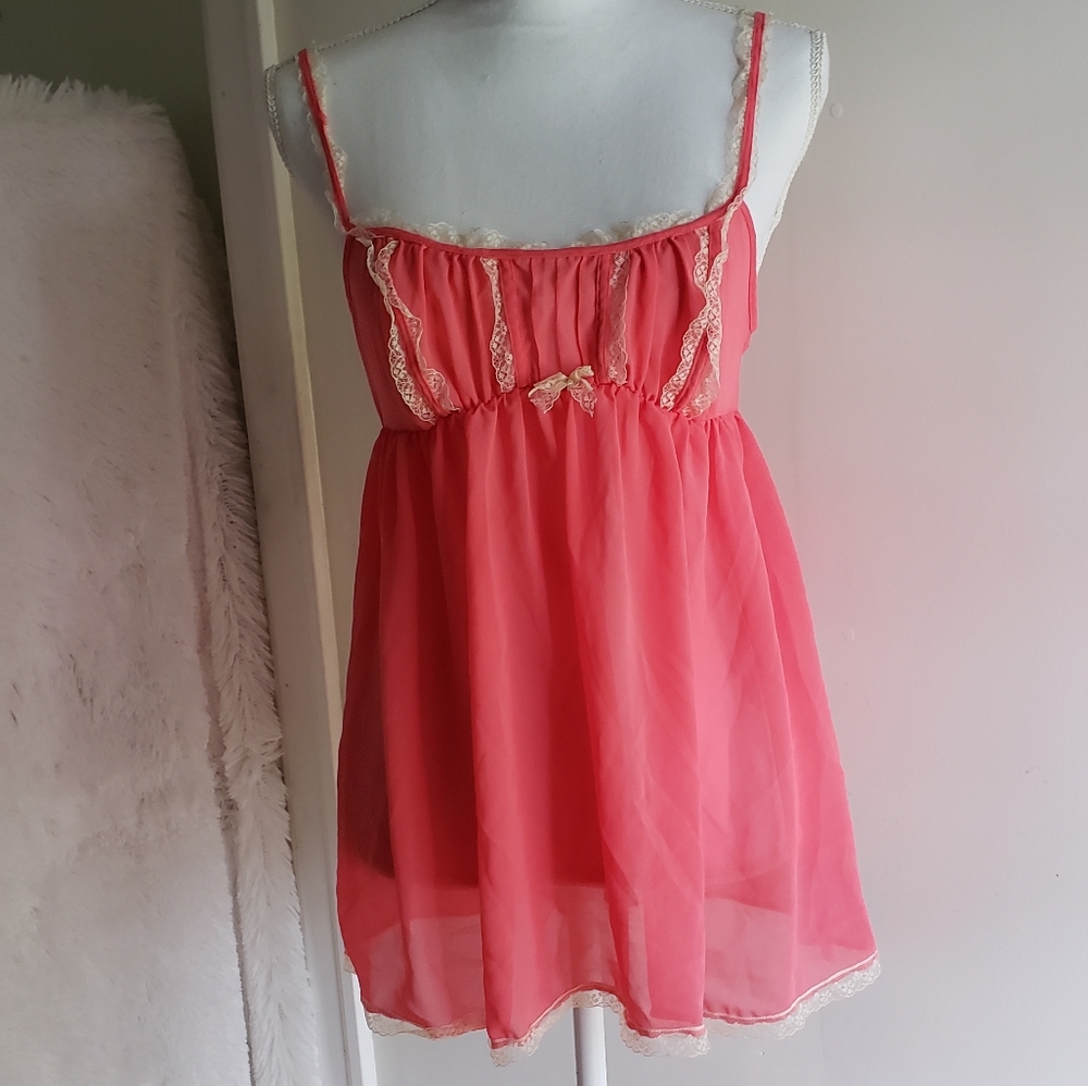 Victoria's secret chiffon coral dress with tan lace trim.